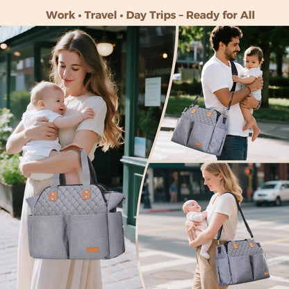 Lekebaby Diaper Bag Tote, 17 Pockets Large Travel Diaper Tote Waterproof with Portable Changing Pad, Mom Crossbody Hospital Bag for Labor Delivery, Baby Essentials for Newborn Gifts, Grey