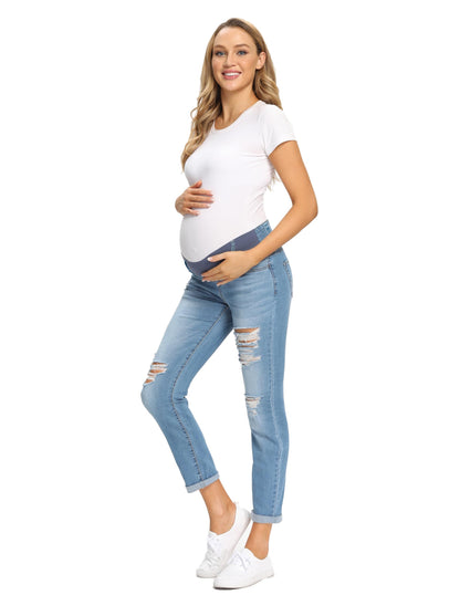 Foucome Women's Maternity Jeans Stretch Ripped Boyfriend Jeans Pregnancy Denim Pants with Pockets
