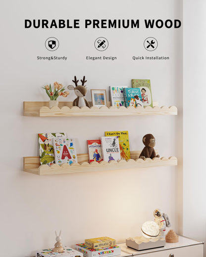 Shario Nursery Book Shelves, 4-Pack White Floating Shelves for Wall Kids, Scalloped Shelves, Wall Book Shelves for Bedroom Kids, Toddler Room, Baby Room, Nursery Decor