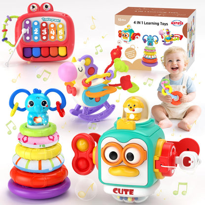 usrela 4 in 1 Baby Toys for 6 12 18 Month, Learning Toys for Babies 6-12 Months, Busy Cube, Stacking Sorter, Piano Xylophone Pull String Travel Toy, Birthday Gifts for Toddlers 1 2 Years Old