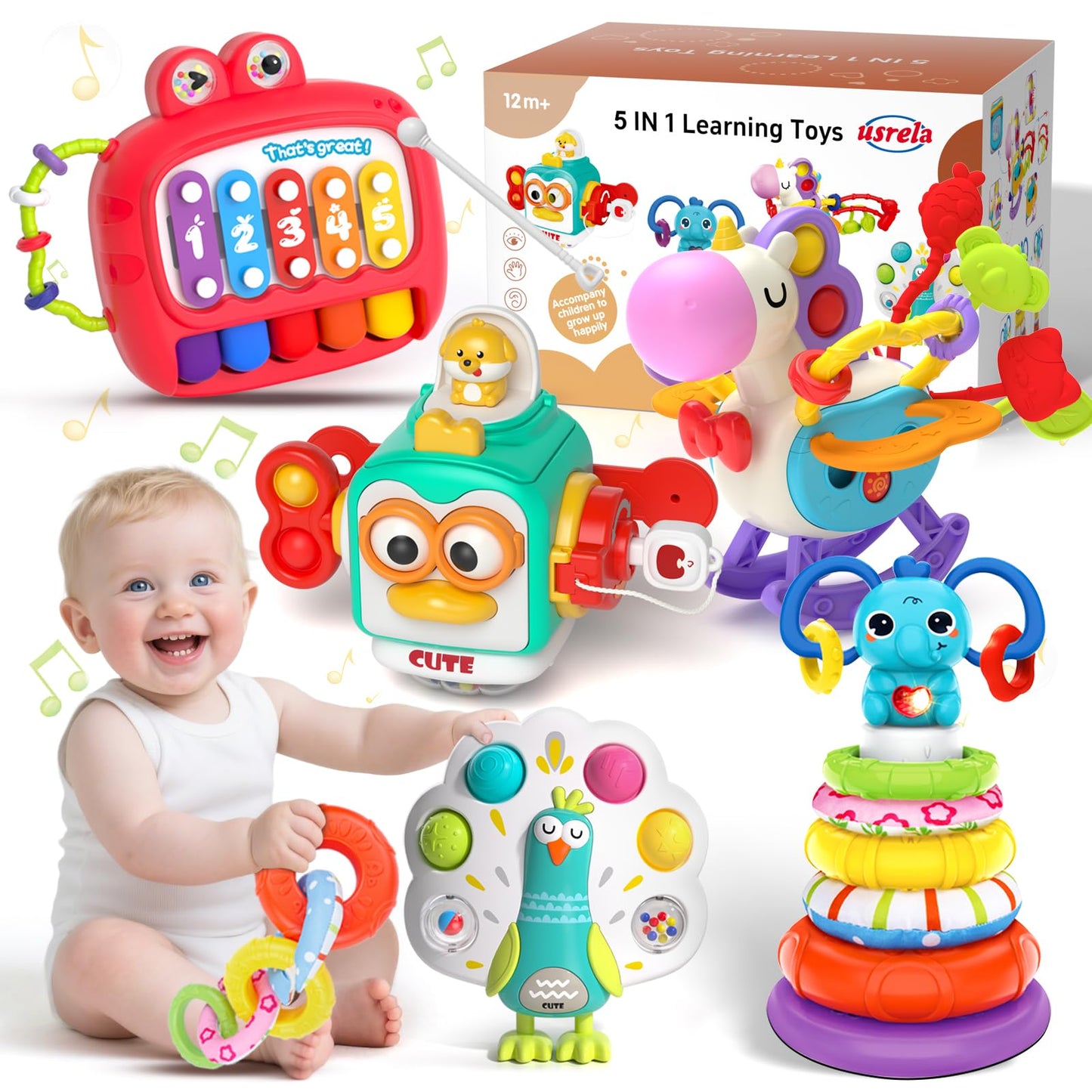 usrela 4 in 1 Baby Toys for 6 12 18 Month, Learning Toys for Babies 6-12 Months, Busy Cube, Stacking Sorter, Piano Xylophone Pull String Travel Toy, Birthday Gifts for Toddlers 1 2 Years Old
