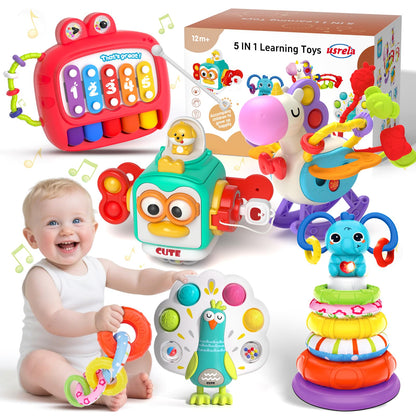 usrela 4 in 1 Baby Toys for 6 12 18 Month, Learning Toys for Babies 6-12 Months, Busy Cube, Stacking Sorter, Piano Xylophone Pull String Travel Toy, Birthday Gifts for Toddlers 1 2 Years Old
