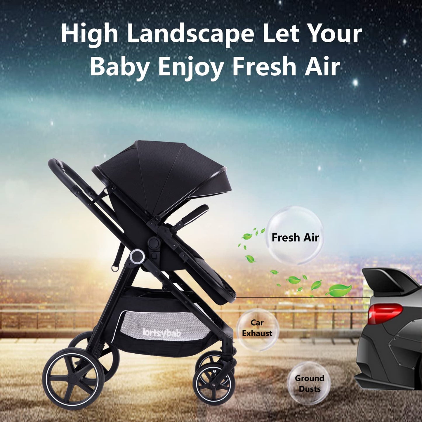 Lortsybab 2-in-1 Baby Stroller - Folding Infant Newborn Pram Stroller with Reversible Seat - Toddler Strollers for 0-36 Months Old Babies (Beige)