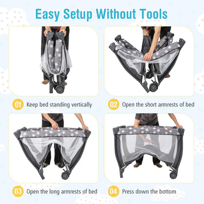 BABY JOY 4 in 1 Pack and Play with Canopy, Portable Baby Playard with Bassinet, Double-Layer Baby Crib, Wheels & Brake, Foldable Baby Girl Pink Princess Bassinet from Newborn to Toddler