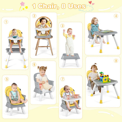 HONEY JOY 8 in 1 Baby High Chair, Convertible Highchair for Babies and Toddlers/Table and Chair Set/Building Block Table/Booster Seat/Stool/Toddler Chair with Safety Harness (Wave Gray)