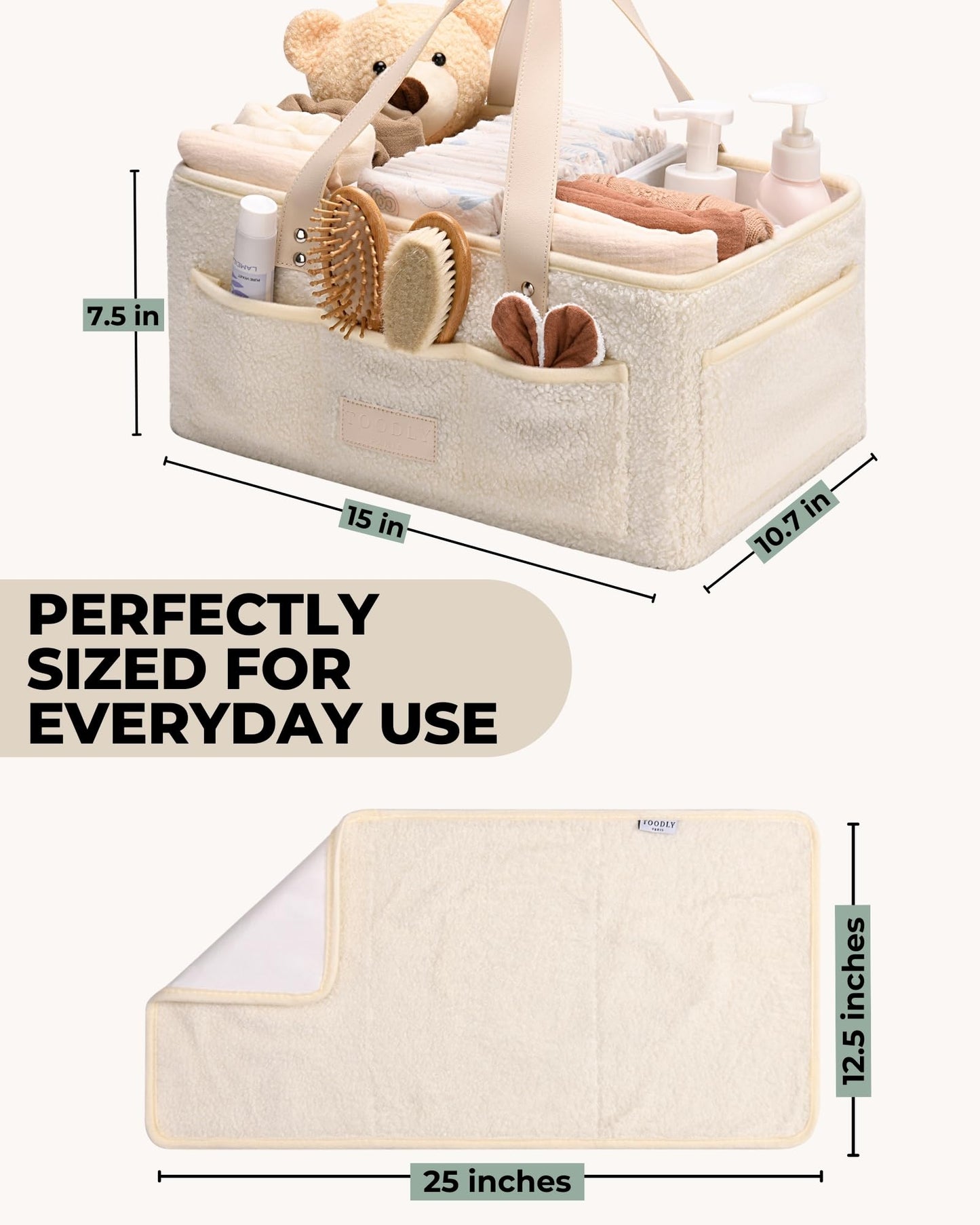 Baby Diaper Caddy Organizer with Portable Changing Mat - Teddy Fleece Diaper Organizer for Changing Table - Basket for Changing Essentials - Baby Essentials Organizer with Removable Dividers