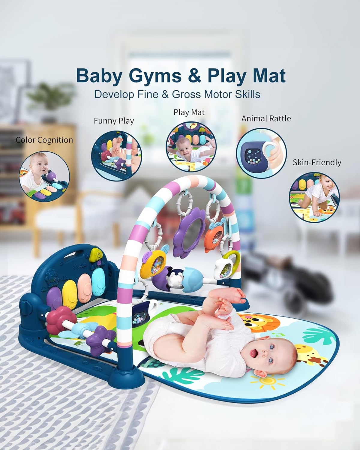 dearlomum Baby Play Mat Gym, Funny Play Piano Tummy Time Activity Mat with 5 Infant Sensory Toys, Music and Lights, Boy & Girl Gifts for Newborns 0 to 3 6 9 12 Months (Pink)