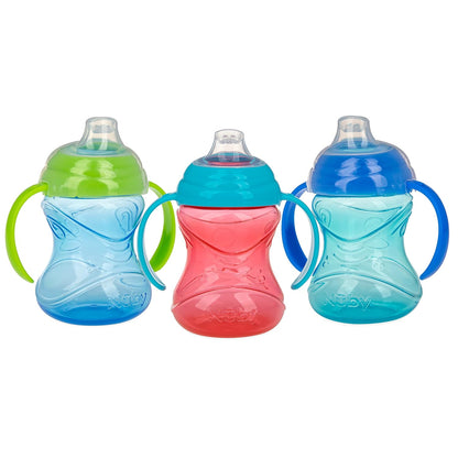 Nuby Clik-It Grip N' Sip Soft Spout No-Spill Training Sippy Cup with Handles - (3-Pack) 10 oz - 4+ Months - Aqua/Purple/Pink