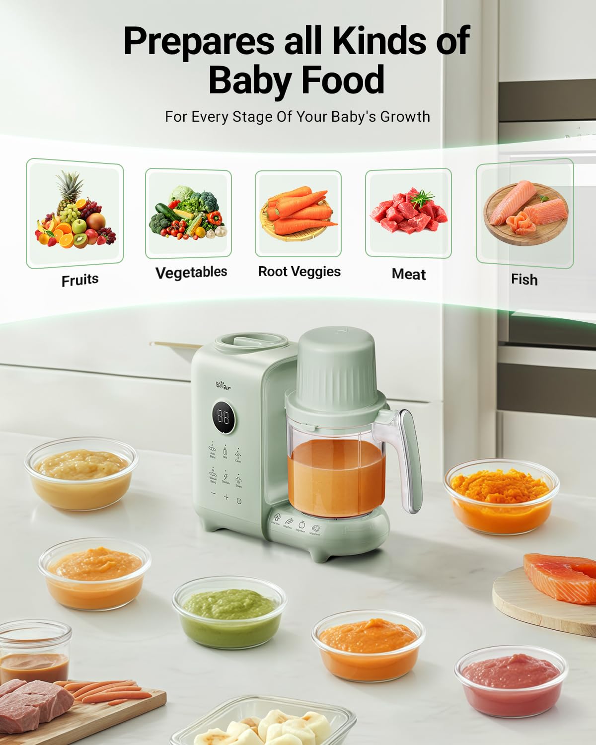 Bear Baby Food Maker with 18.5oz Dual-Layer Steam Baskets, OneStep Baby Food Processor Steamer Puree Blender Grinder Mills, Auto Cooking Grinding&Sterili-zing for Healthy Homemade Baby Food, BPA-Free
