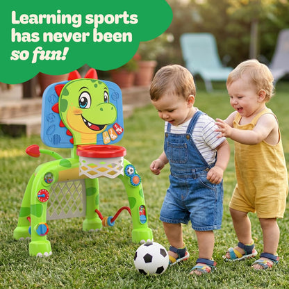 Move2Play, Dinosaur Basketball Hoop & Soccer Goal Activity Center | 30+ Sounds & Songs + 5 Lights | 1 2 3 Year Old for Boys and Girls | Toy & Gift for Baby & Toddlers