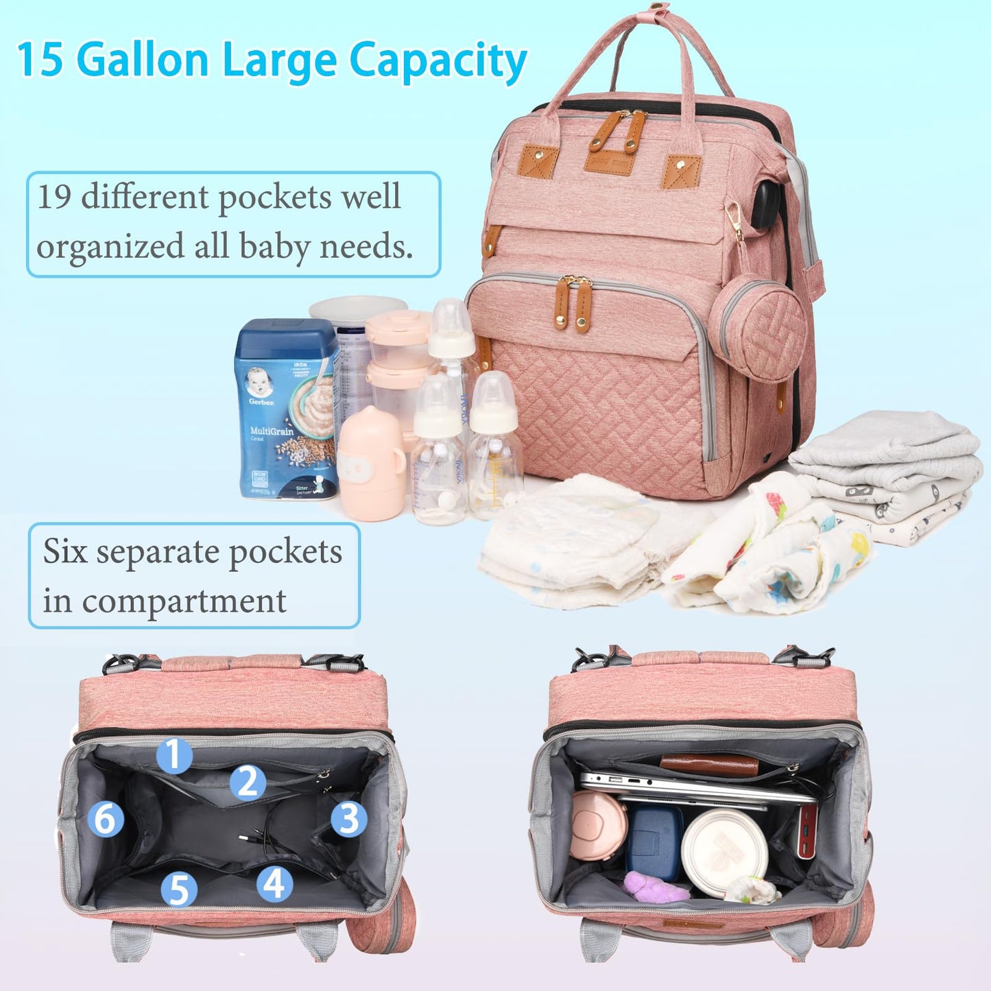 Jeryswet Baby Diaper Bags with Changing Station, Waterproof Large Capacity Diaper Bag Backpack for Moms Dads with USB Charging Port and Stroller Straps, Baby Shower Gifts, Grey