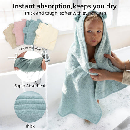 LifeTree 1 Pack Baby Hooded Towel with 1 Pack Washcloth for Newborn, 100% Cotton Bath Towel for Babies, Infant, Toddler and Kids, Thick,Soft and Absorbent, 30 * 30 Inches, Newborn Essentials, Pink