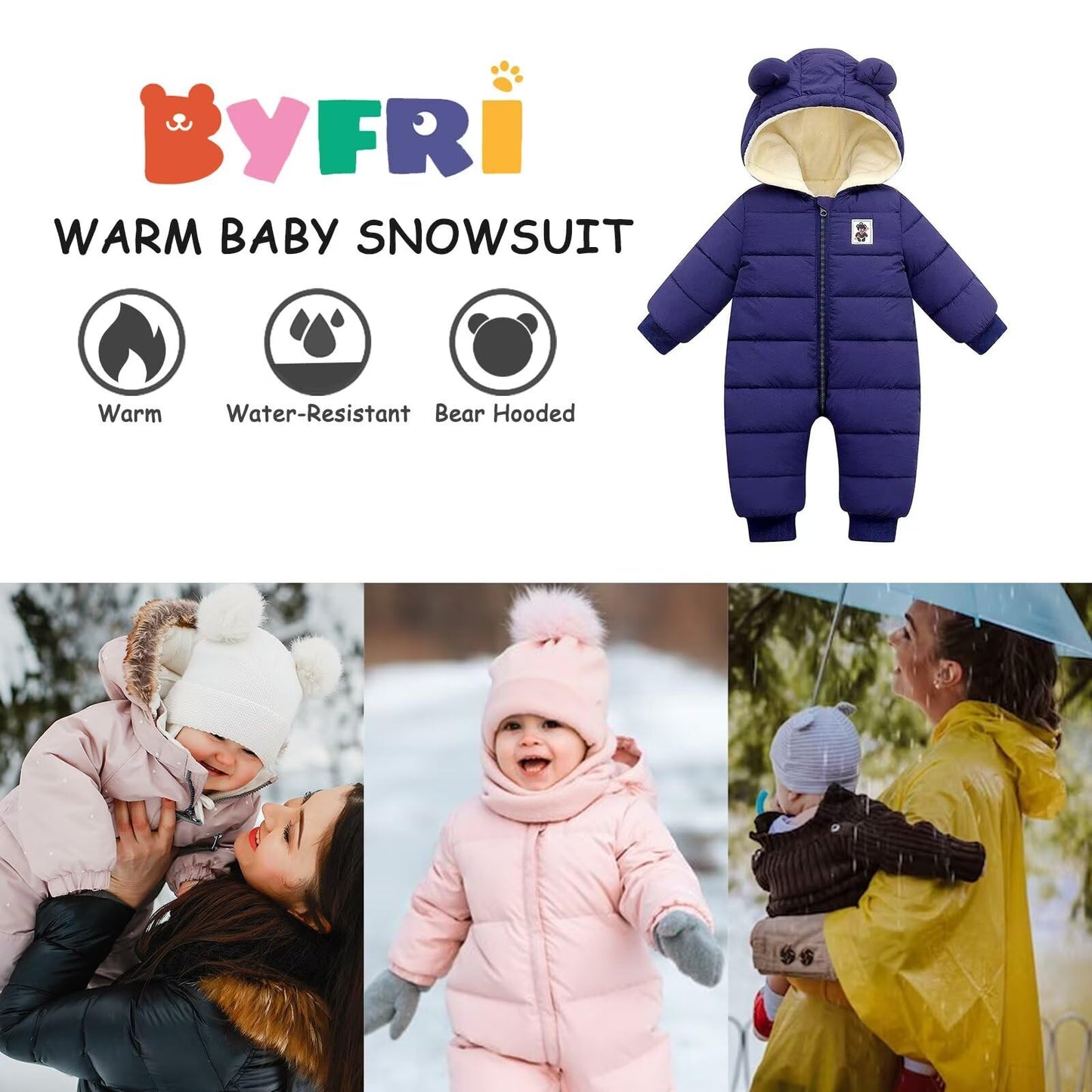 BYFRI Baby Boys Girls Snowsuit Newborn Cozy Winter Coat Infant Bear Hooded Jumpsuit Toddler Snow Outfit for 0-24 Months