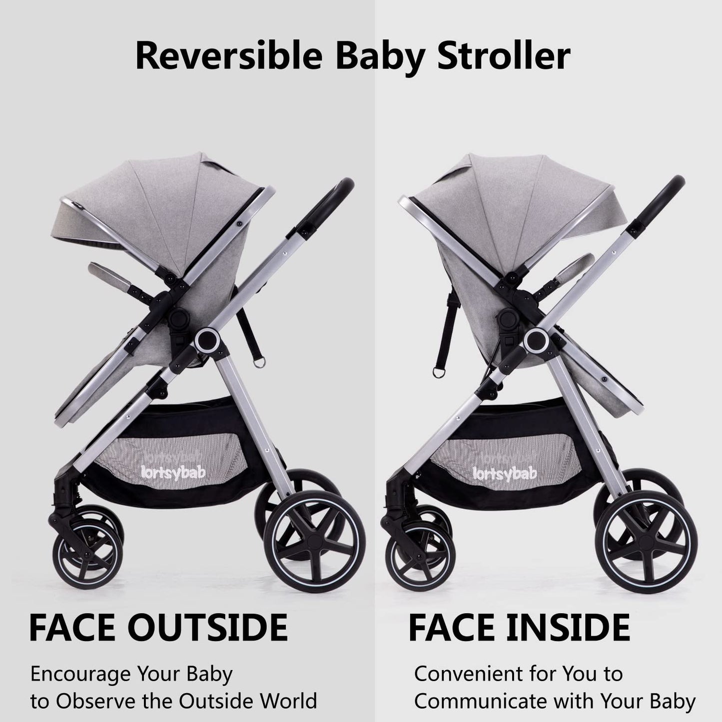 Lortsybab 2-in-1 Baby Stroller - Folding Infant Newborn Pram Stroller with Reversible Seat - Toddler Strollers for 0-36 Months Old Babies (Beige)