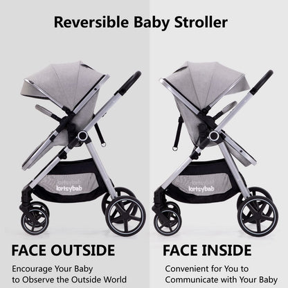Lortsybab 2-in-1 Baby Stroller - Folding Infant Newborn Pram Stroller with Reversible Seat - Toddler Strollers for 0-36 Months Old Babies (Beige)