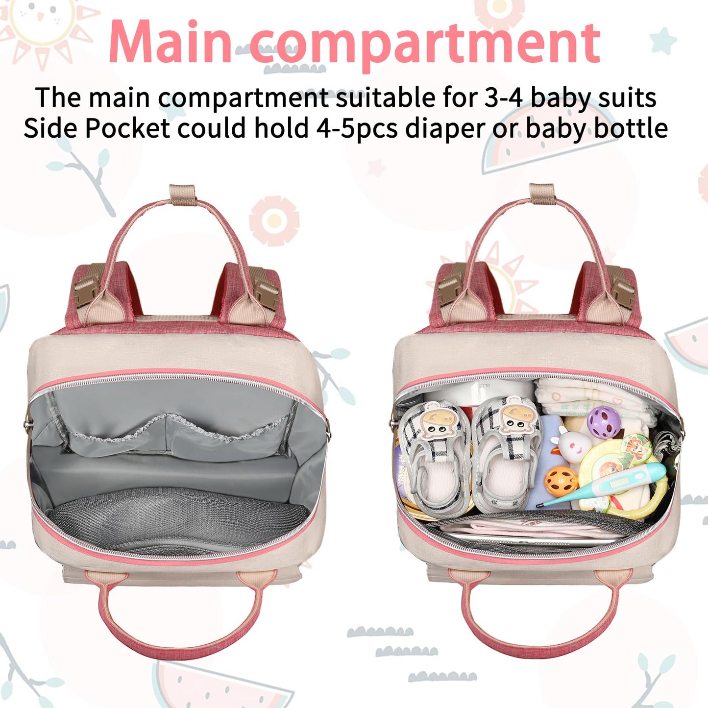 Diaper Bag Backpack, Baby Girl Diaper Bag for Mom, Large Pink Floral Diaper Bag Backpack for Girls, Waterproof Mom Backpack for Work Travel Holiday with Insulated Pockets and Stroller Straps