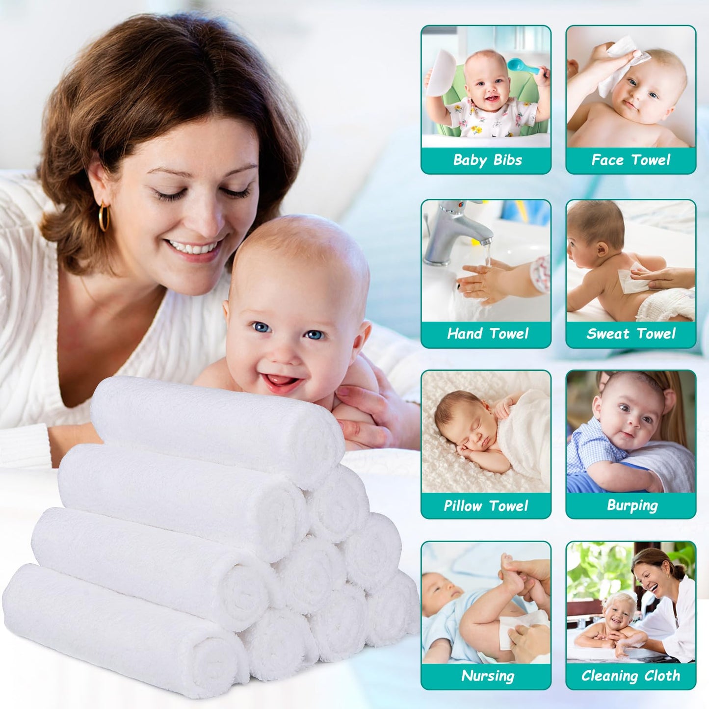 HOMEXCEL Baby Washcloths 24 Pack-Microfiber Coral Fleece Baby Bath Face Towel 7 x 9 Inch Extra Absorbent and Soft Burp Cloth and Wash Cloths for Newborn-Infants and Toddlers-Gentle On Sensitive Skin