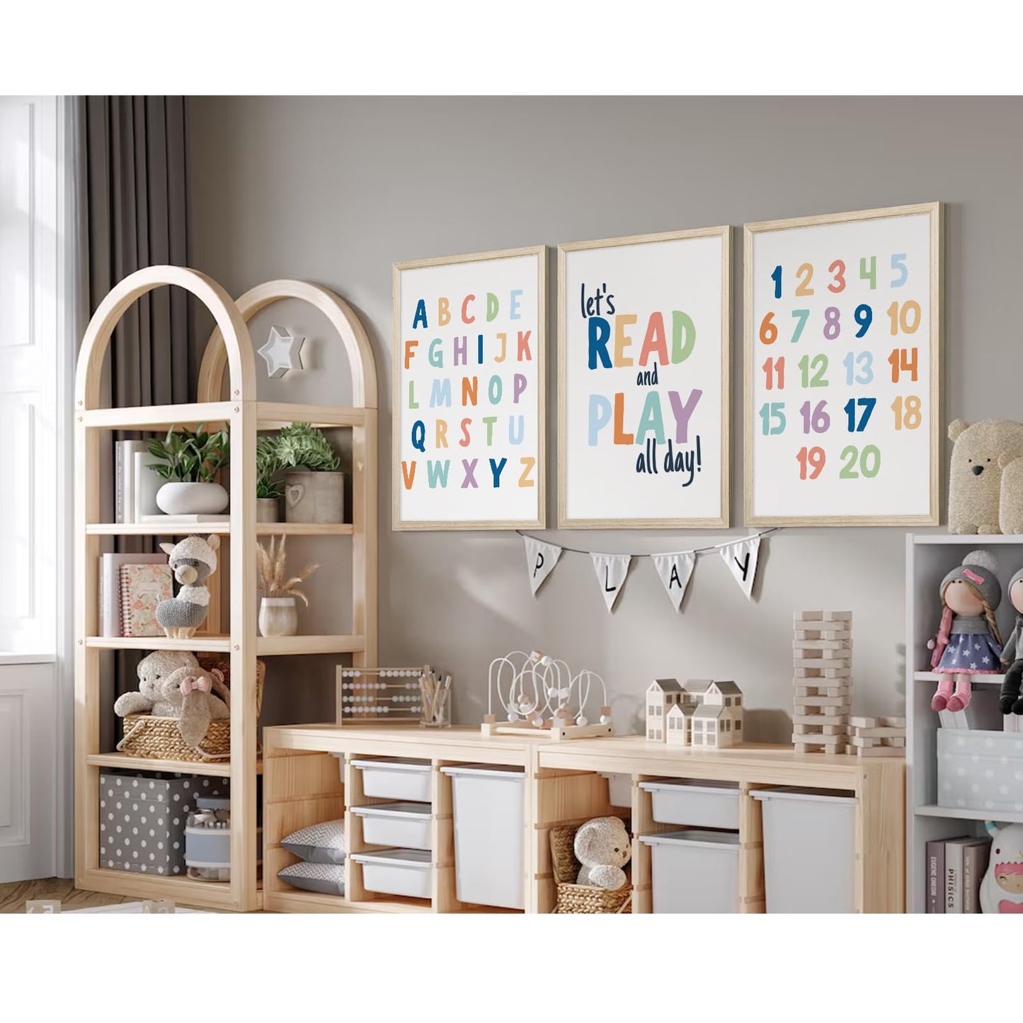 Kids Playroom Wall Art Decor Nursery ABC Alphabet Poster Play Room Canvas Wall Decor Toddler Childrens Educational Artwork Numbers Shapes Prints ABC Picture for Playroom 12x16 Inch Unframed Set of 3