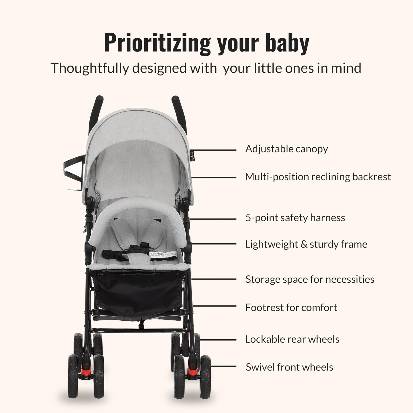Dream On Me Vista Moonwalk Baby Stroller, Lightweight Travel Umbrella Stroller with Compact Fold, Smooth Ride Wheels, Multi-Position Recline, Spacious Storage Basket with Cup Holder, Light Gray