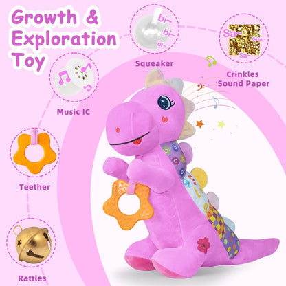 Baby Dino Plush Soft Stuffed Animal Toy for 0-3-6-12+ Months,Infant Musical Toy with Rattle,Squeaker,Sensory Crinkle,Teether & Textures,Tummy Time Toys Christmas Baby Gift for Newborn Girl Boy (Blue)