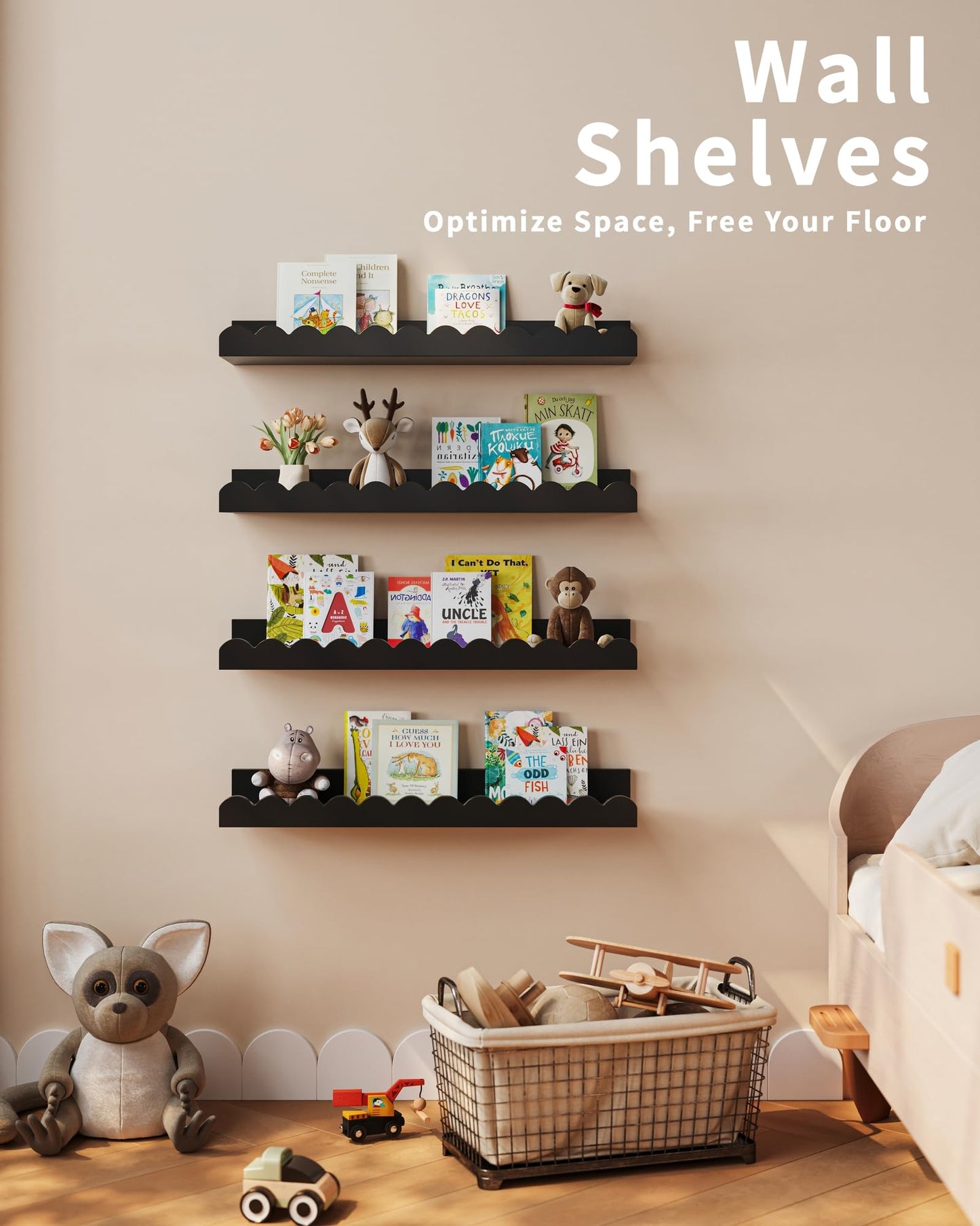 Shario Nursery Book Shelves, 4-Pack White Floating Shelves for Wall Kids, Scalloped Shelves, Wall Book Shelves for Bedroom Kids, Toddler Room, Baby Room, Nursery Decor
