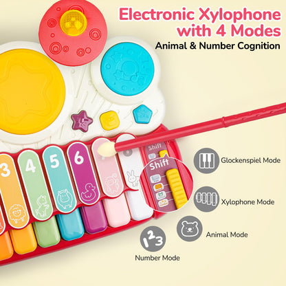 Baby Piano Drum Set for Toddlers 1-3, Musical Toys 3 In 1 Baby DJ Table Piano Keyboard Xylophone Instruments for 1 2 Year Old Boys Girls Music & Light Activity Table 6-12-18 Months Old Birthday Gifts