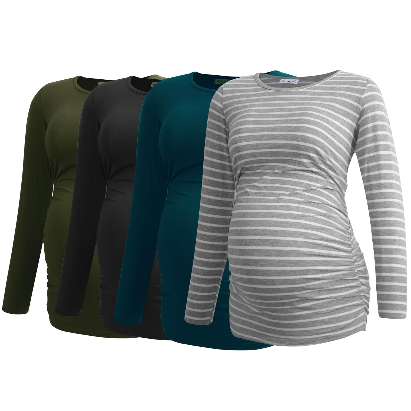 Smallshow Women's 4 Pack Maternity Shirts Long Sleeve Ruched Pregnancy Clothes Tops