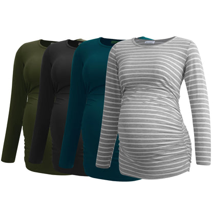 Smallshow Women's 4 Pack Maternity Shirts Long Sleeve Ruched Pregnancy Clothes Tops