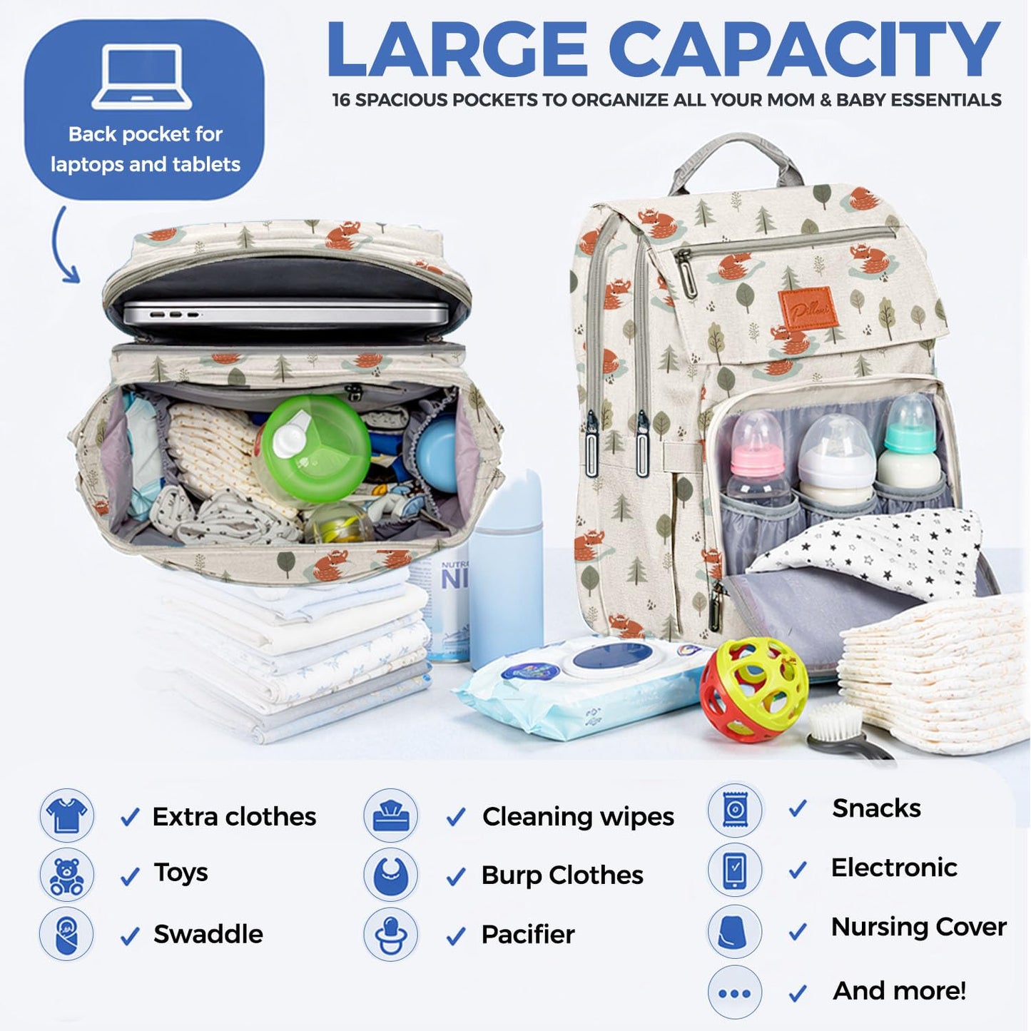 PILLANI Baby Diaper Bag Backpack - Baby Bag for Girls & Boys, Large Waterproof Toddler Diaper Backpack - Baby Shower Gifts & Registry Must Haves - Travel Diaper Bags with Changing Pad - Newborn Stuff