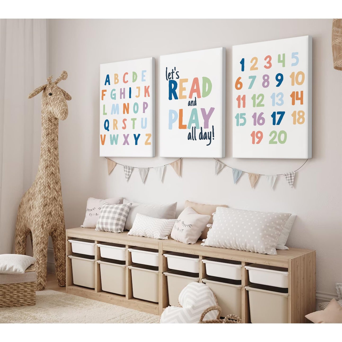 Kids Playroom Wall Art Decor Nursery ABC Alphabet Poster Play Room Canvas Wall Decor Toddler Childrens Educational Artwork Numbers Shapes Prints ABC Picture for Playroom 12x16 Inch Unframed Set of 3