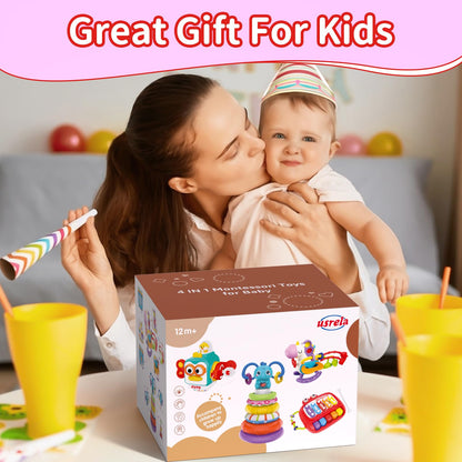 usrela 4 in 1 Baby Toys for 6 12 18 Month, Learning Toys for Babies 6-12 Months, Busy Cube, Stacking Sorter, Piano Xylophone Pull String Travel Toy, Birthday Gifts for Toddlers 1 2 Years Old