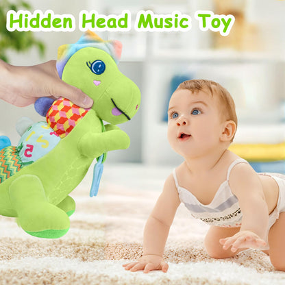 Baby Dino Plush Soft Stuffed Animal Toy for 0-3-6-12+ Months,Infant Musical Toy with Rattle,Squeaker,Sensory Crinkle,Teether & Textures,Tummy Time Toys Christmas Baby Gift for Newborn Girl Boy (Blue)