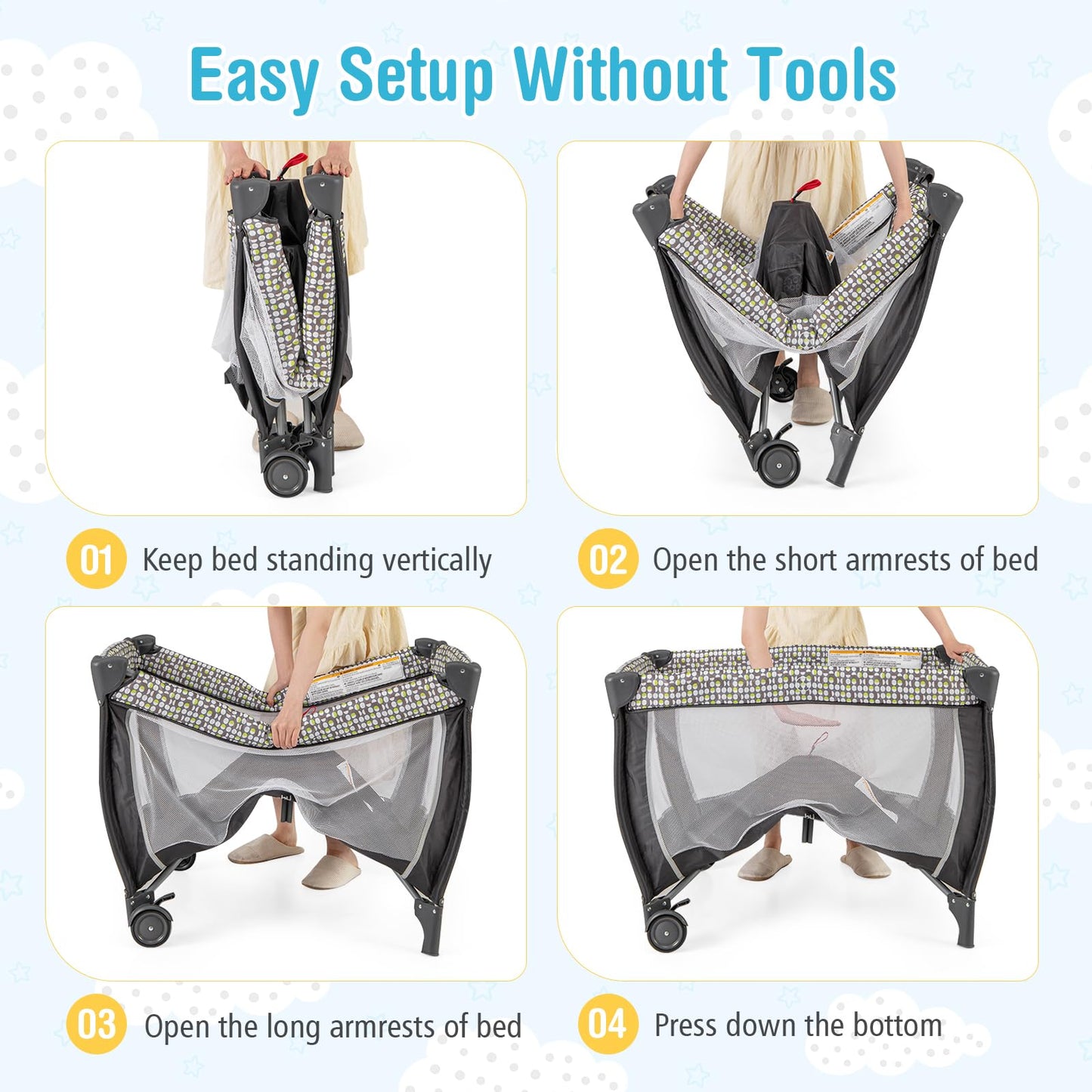 BABY JOY 4 in 1 Pack and Play with Canopy, Portable Baby Playard with Bassinet, Double-Layer Baby Crib, Wheels & Brake, Foldable Baby Girl Pink Princess Bassinet from Newborn to Toddler