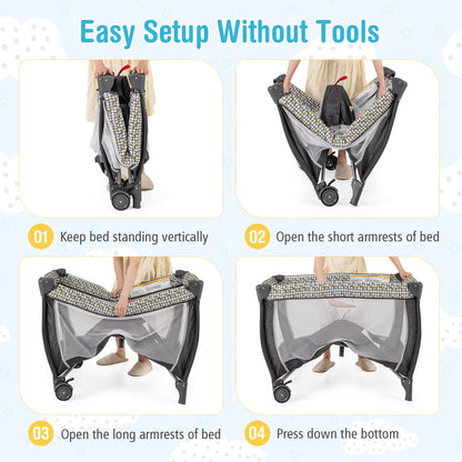 BABY JOY 4 in 1 Pack and Play with Canopy, Portable Baby Playard with Bassinet, Double-Layer Baby Crib, Wheels & Brake, Foldable Baby Girl Pink Princess Bassinet from Newborn to Toddler
