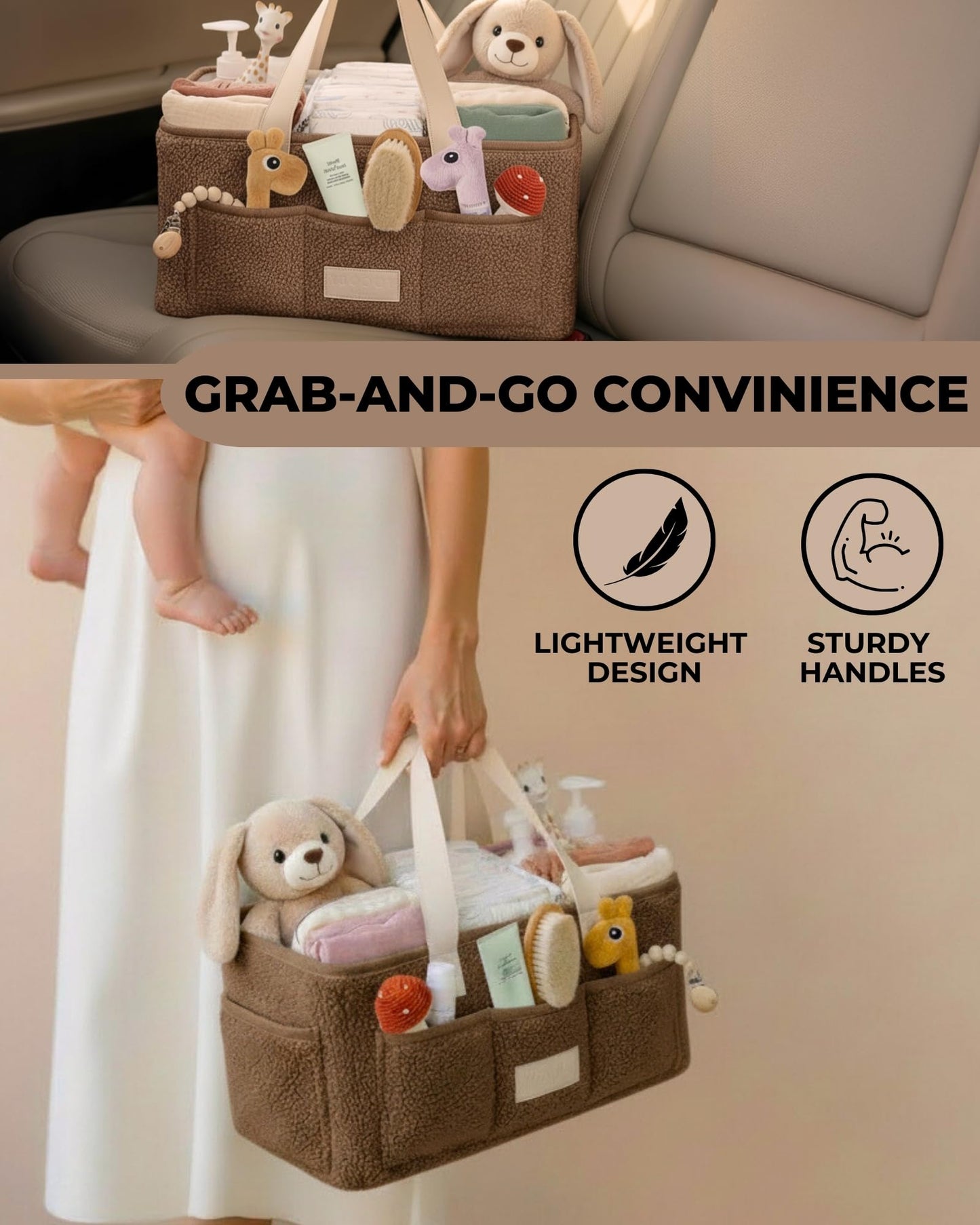 Baby Diaper Caddy Organizer with Portable Changing Mat - Teddy Fleece Diaper Organizer for Changing Table - Basket for Changing Essentials - Baby Essentials Organizer with Removable Dividers