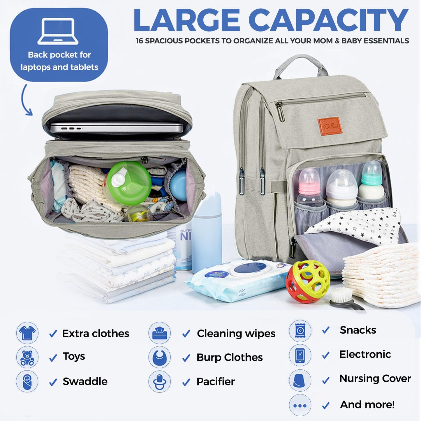 PILLANI Baby Diaper Bag Backpack - Baby Bag for Girls & Boys, Large Waterproof Toddler Diaper Backpack - Baby Shower Gifts & Registry Must Haves - Travel Diaper Bags with Changing Pad - Newborn Stuff