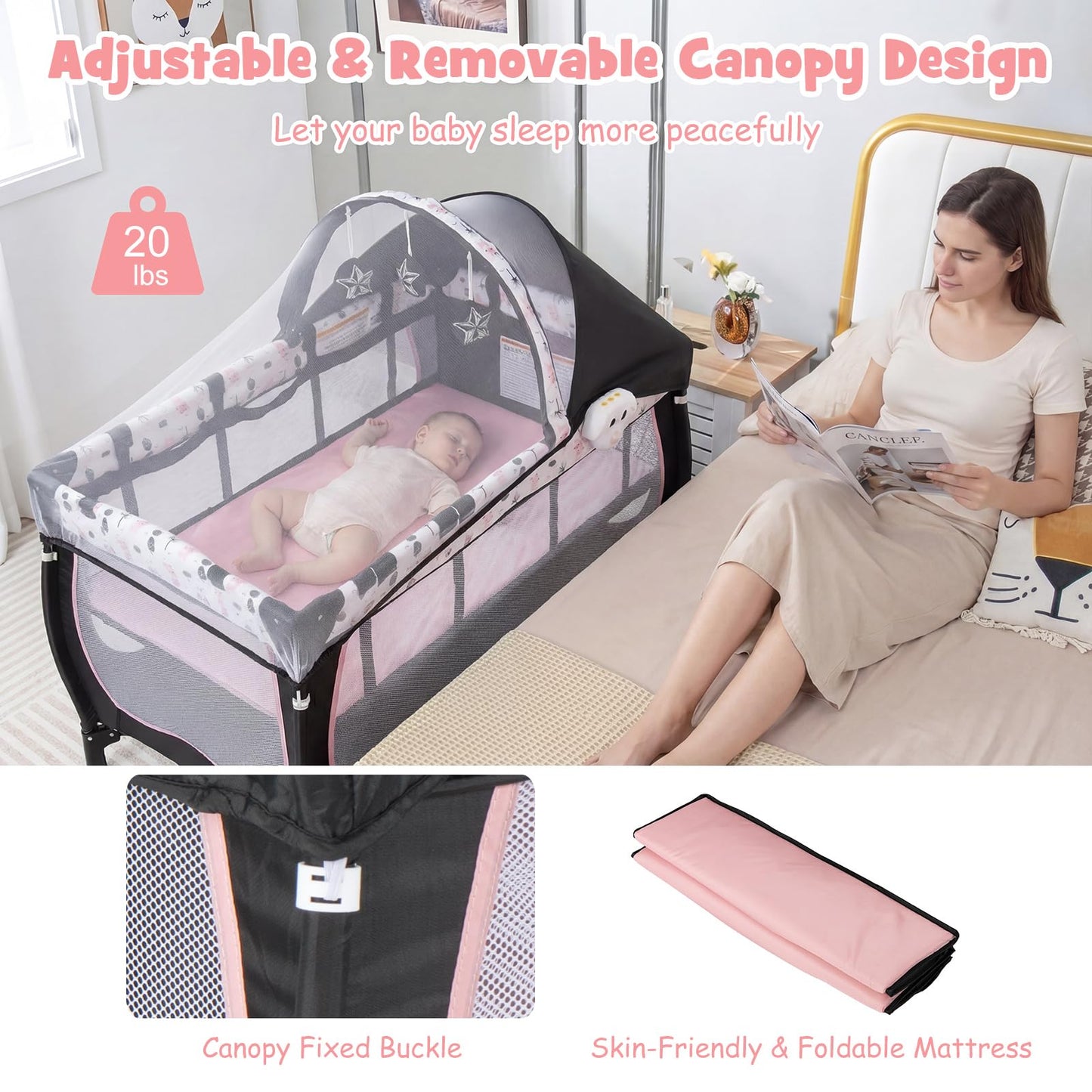 BABY JOY 4 in 1 Pack and Play with Canopy, Portable Baby Playard with Bassinet, Double-Layer Baby Crib, Wheels & Brake, Foldable Baby Girl Pink Princess Bassinet from Newborn to Toddler