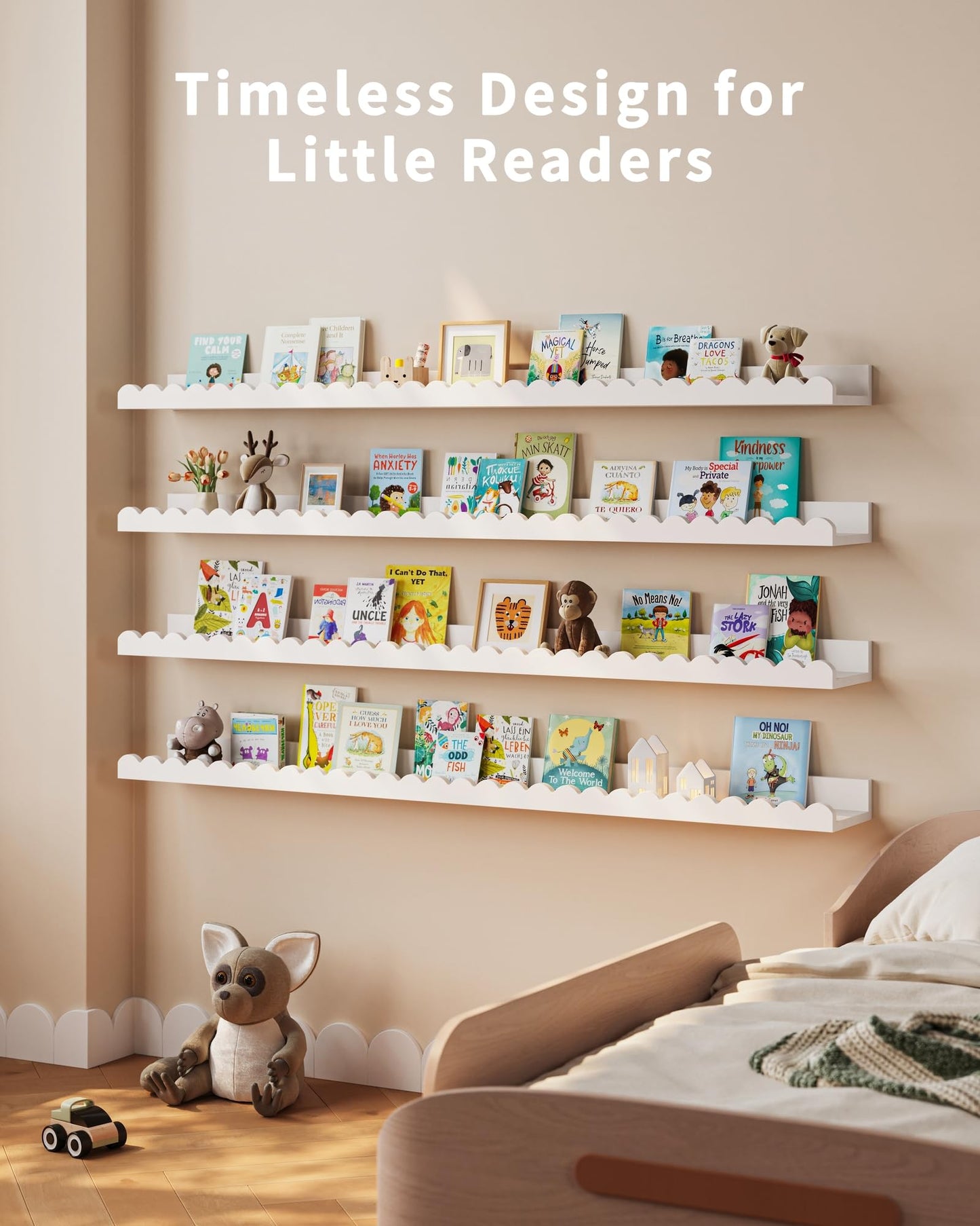 Shario Nursery Book Shelves, 4-Pack White Floating Shelves for Wall Kids, Scalloped Shelves, Wall Book Shelves for Bedroom Kids, Toddler Room, Baby Room, Nursery Decor
