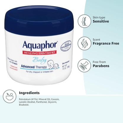 Aquaphor Baby Healing Ointment Advanced Therapy Skin Protectant for Chapped or Dry Skin, Drool Rash and Diaper Rash Ointment, 14 Oz Jar