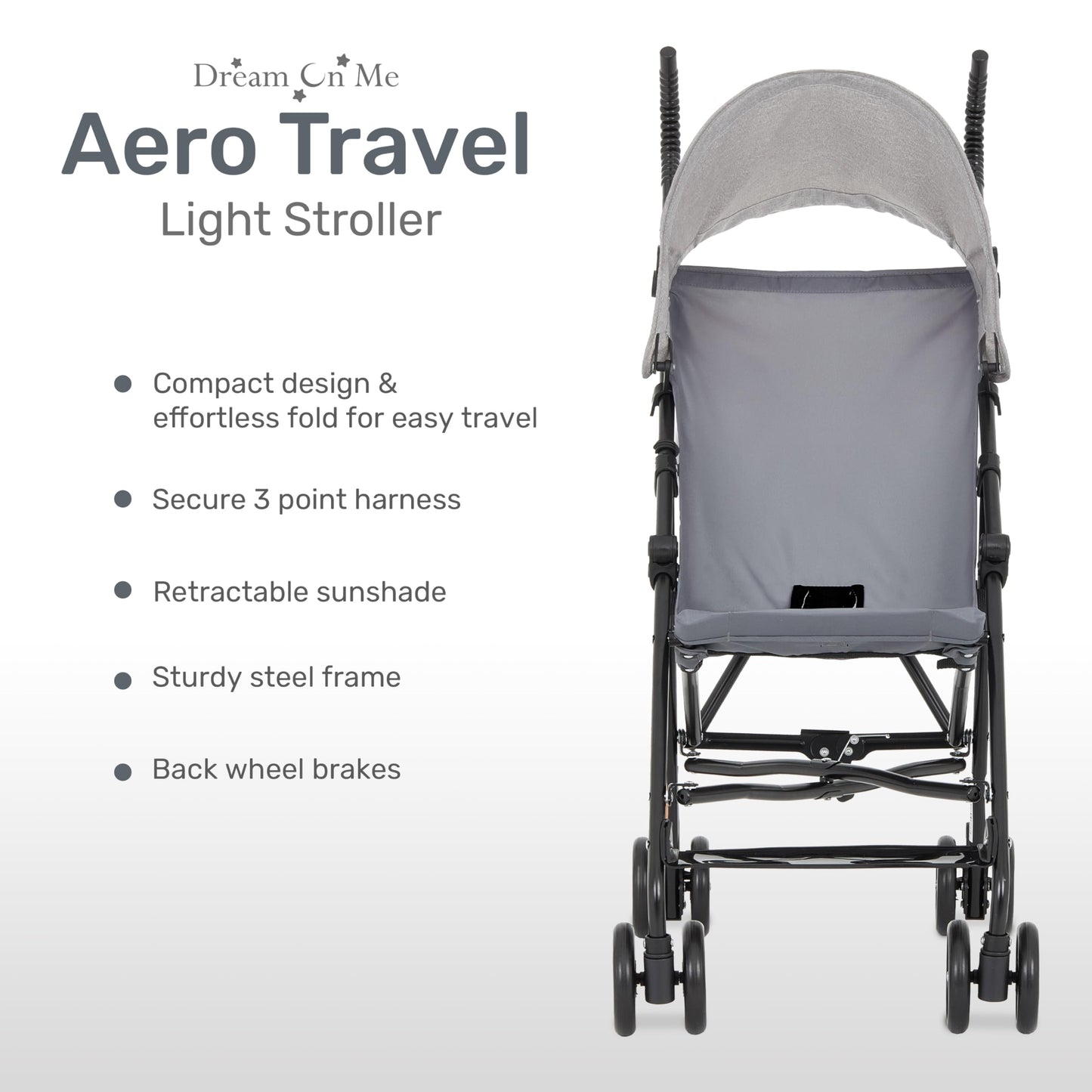 Dream On Me Aero Travel Umbrella Stroller, One-Hand Quick Fold, 3-Point Safety Harness, Dual Brakes, Adjustable Removable Canopy, Lightweight Compact & Space-Saving for Infants and Toddlers – Black