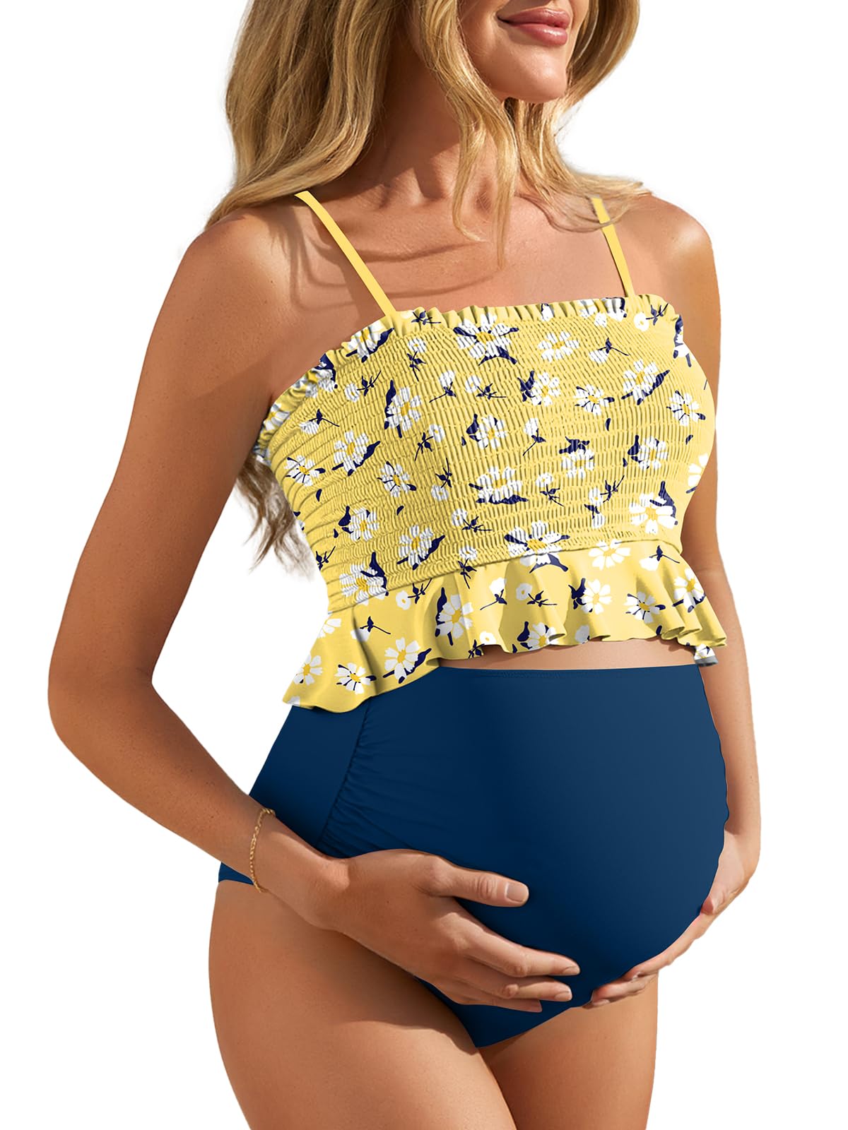 Summer Mae Maternity High Waist Swimsuit Ruffle Hem Bikini Bathing Suit Shirred Bandeau Two Piece Pregnancy Swimwear