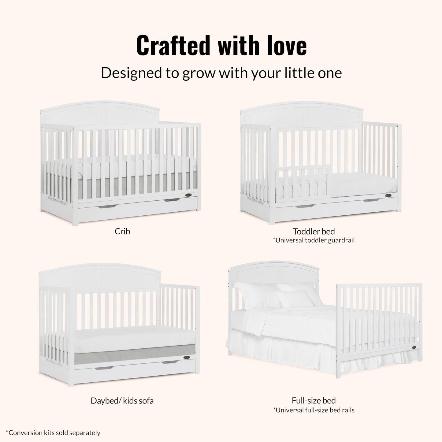 Dream On Me Storybrooke 5-in-1 Convertible Full-Size Crib with Under Drawer, White, GreenGuard Gold & JPMA, Convert to Toddler, Day & Full-Size Bed, 3 Mattress Heights, Sustainable Pinewood