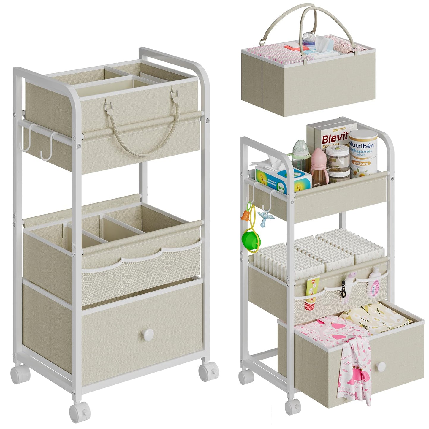 Cidaziya 2In1 Baby Diaper Caddy Organizers and Storage, 3 Tier Rolling Cart with Dividers and Drawers, Mobile Utility Cart Baby Dresser Clothes Organizer for Changing Table, Crib Nursery, Bedroom