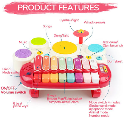 Baby Piano Drum Set for Toddlers 1-3, Musical Toys 3 In 1 Baby DJ Table Piano Keyboard Xylophone Instruments for 1 2 Year Old Boys Girls Music & Light Activity Table 6-12-18 Months Old Birthday Gifts