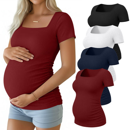 Huukeay 4 Pack Women's Maternity Shirts Cotton Ribbed Short Sleeve Square Neck Pregnancy Tops Side Ruched Summer Tee