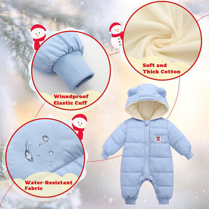 BYFRI Baby Boys Girls Snowsuit Newborn Cozy Winter Coat Infant Bear Hooded Jumpsuit Toddler Snow Outfit for 0-24 Months