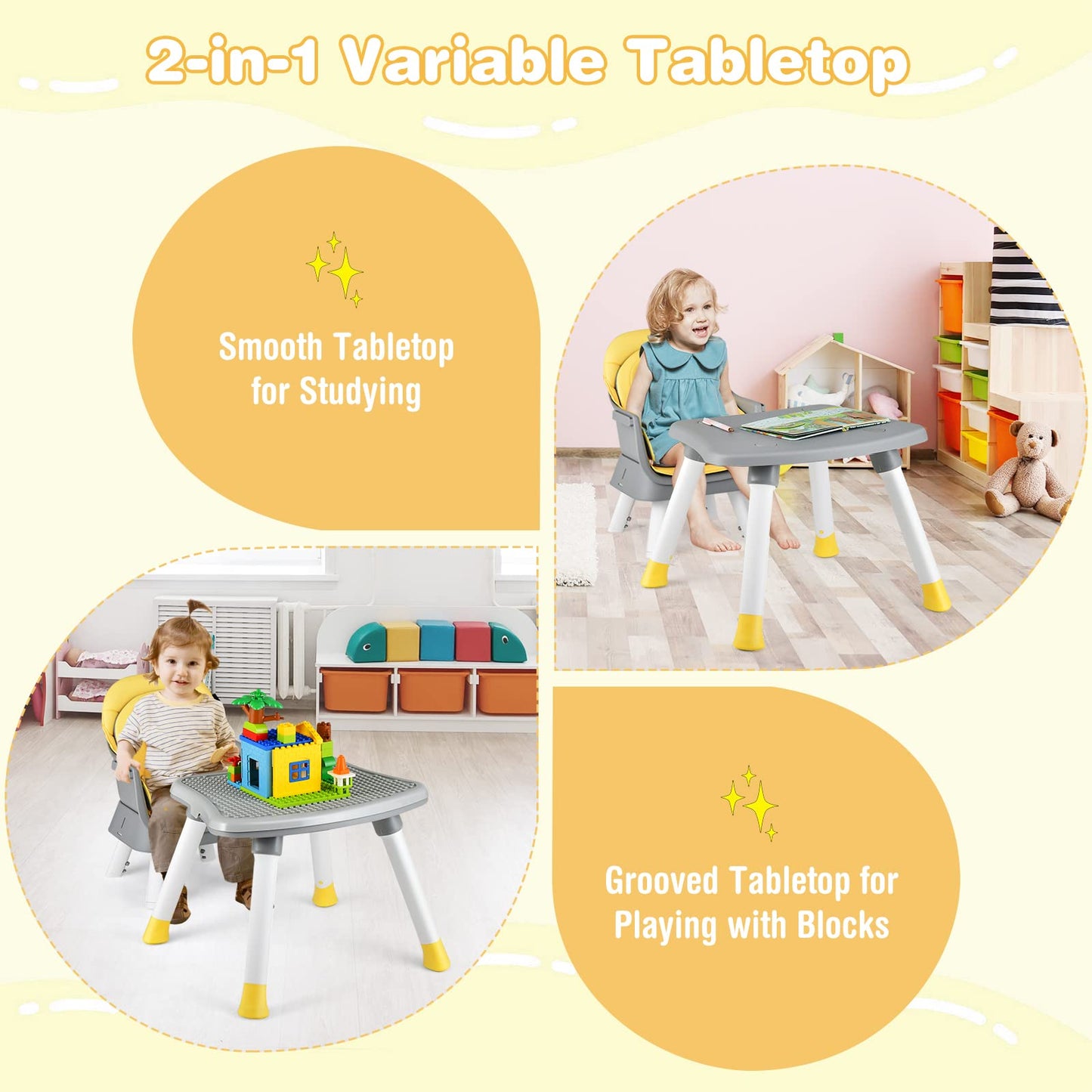 HONEY JOY 8 in 1 Baby High Chair, Convertible Highchair for Babies and Toddlers/Table and Chair Set/Building Block Table/Booster Seat/Stool/Toddler Chair with Safety Harness (Wave Gray)