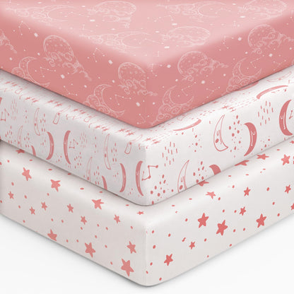 Unnivoll Baby Crib Sheets for Boys Girls, 28x52x8in Fitted Crib Sheet Neutral 3 Pack for Standard Crib and Toddler Mattress, Breathable Soft Microfiber Baby Sheet Blue Gray Planet