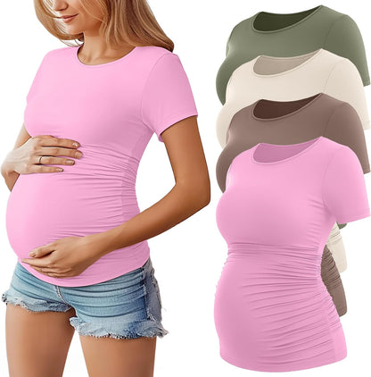 Huukeay 4 Pack Women's Maternity Shirts, Crew Neck Maternity Top Short Sleeve Casual Cotton Tee Side Ruched Pregnancy Clothes