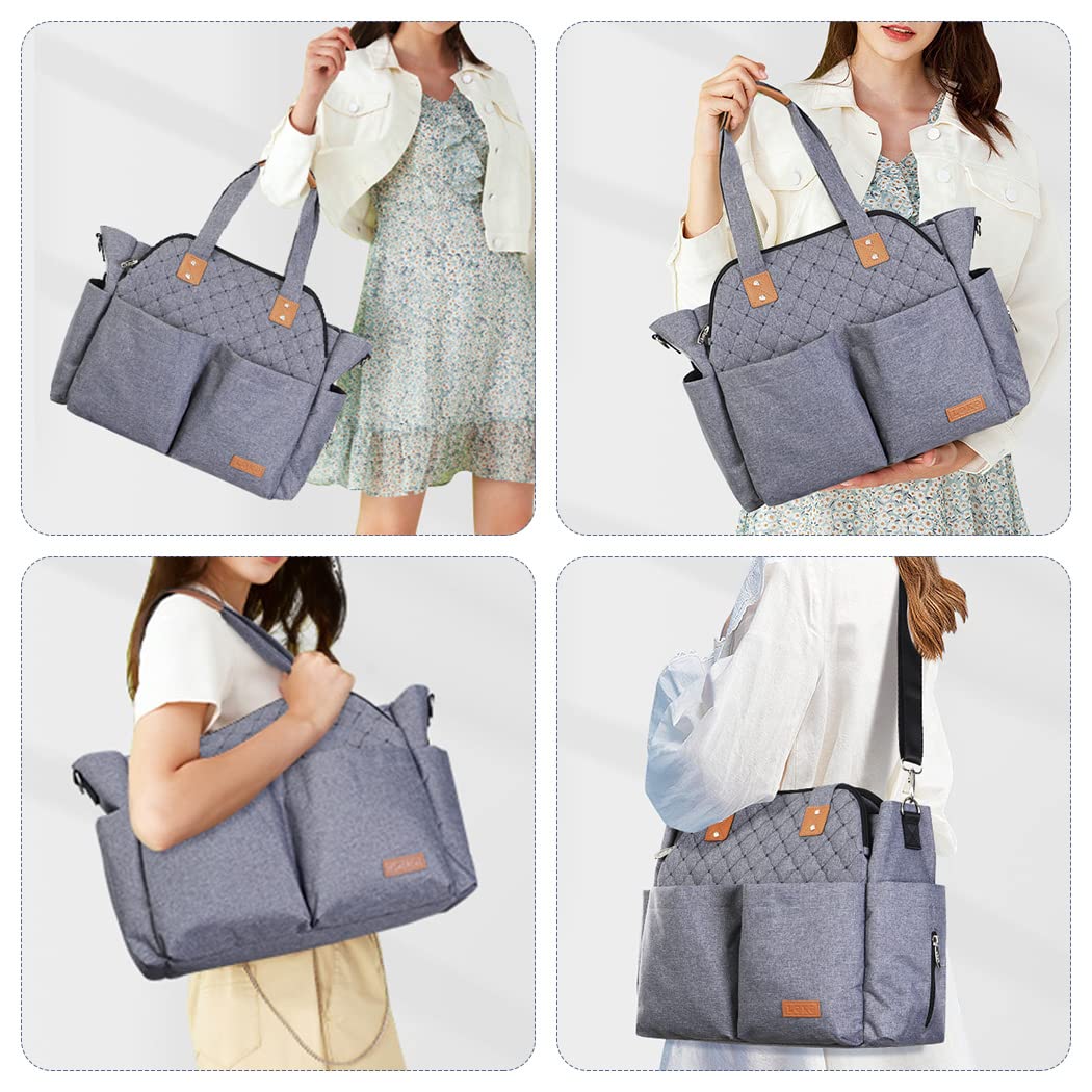 Lekebaby Diaper Bag Tote, 17 Pockets Large Travel Diaper Tote Waterproof with Portable Changing Pad, Mom Crossbody Hospital Bag for Labor Delivery, Baby Essentials for Newborn Gifts, Grey